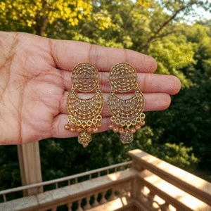 Antique Gold-Toned Filigree Chandbali Jhumka Earrings with Pearl Drops