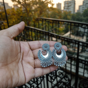 Ethnic Oxidized Silver Chandbali Earrings with Ghungroo Bells