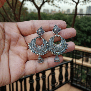 Grand Oxidized Silver Chandbali with Dangling Jhumka