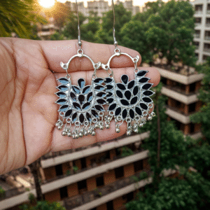 Bold Black Enamel Floral Oxidized Dangles
