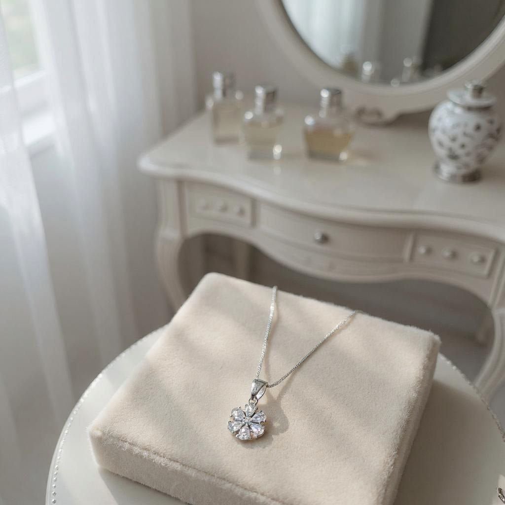 Sparkling Flower Pendant Necklace - Silver Tone