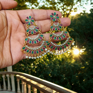 Vibrant Meenakari Tiered Chandbali Earrings with Pearl Accents