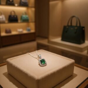 Emerald Green & Silver Tone Halo Necklace