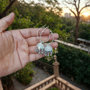 Modern Oxidized Silver Jhumka Hoop Earrings with Textured Dome