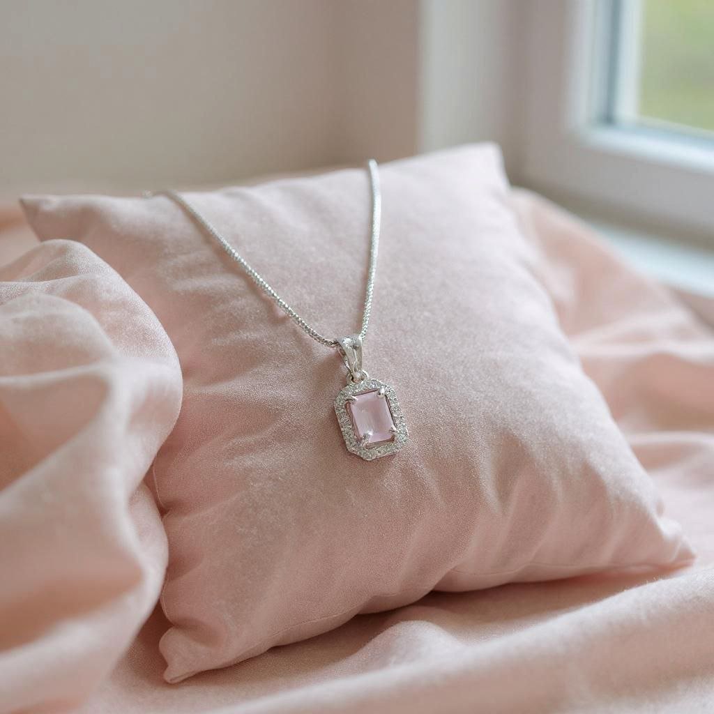Elegant Rose Quartz & Silver Halo Necklace - Image 2