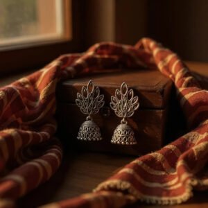 Regal Leaf Motif Oxidized Jhumkas