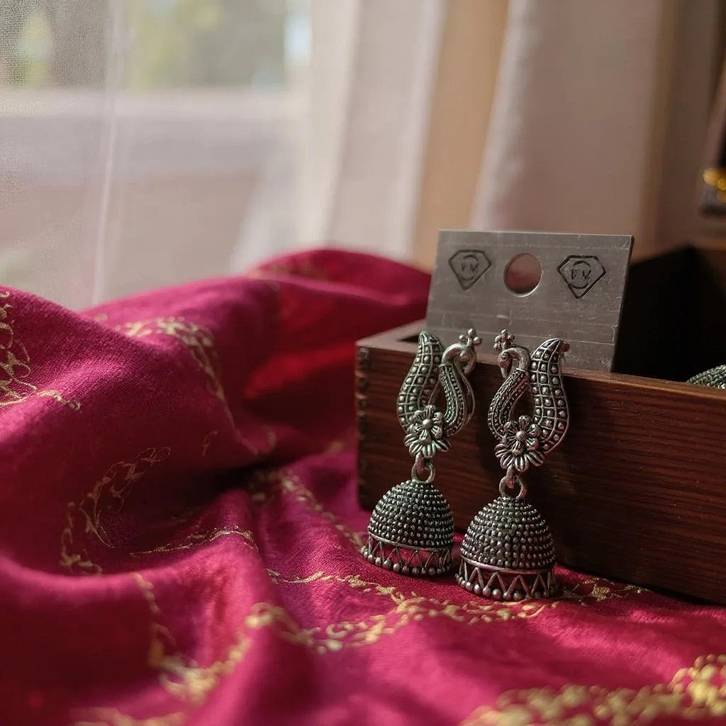 Antique Peacock Jhumka Earrings – Oxidised Finish - Image 2