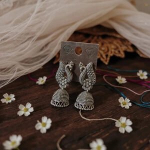 Antique Peacock Jhumka Earrings – Oxidised Finish