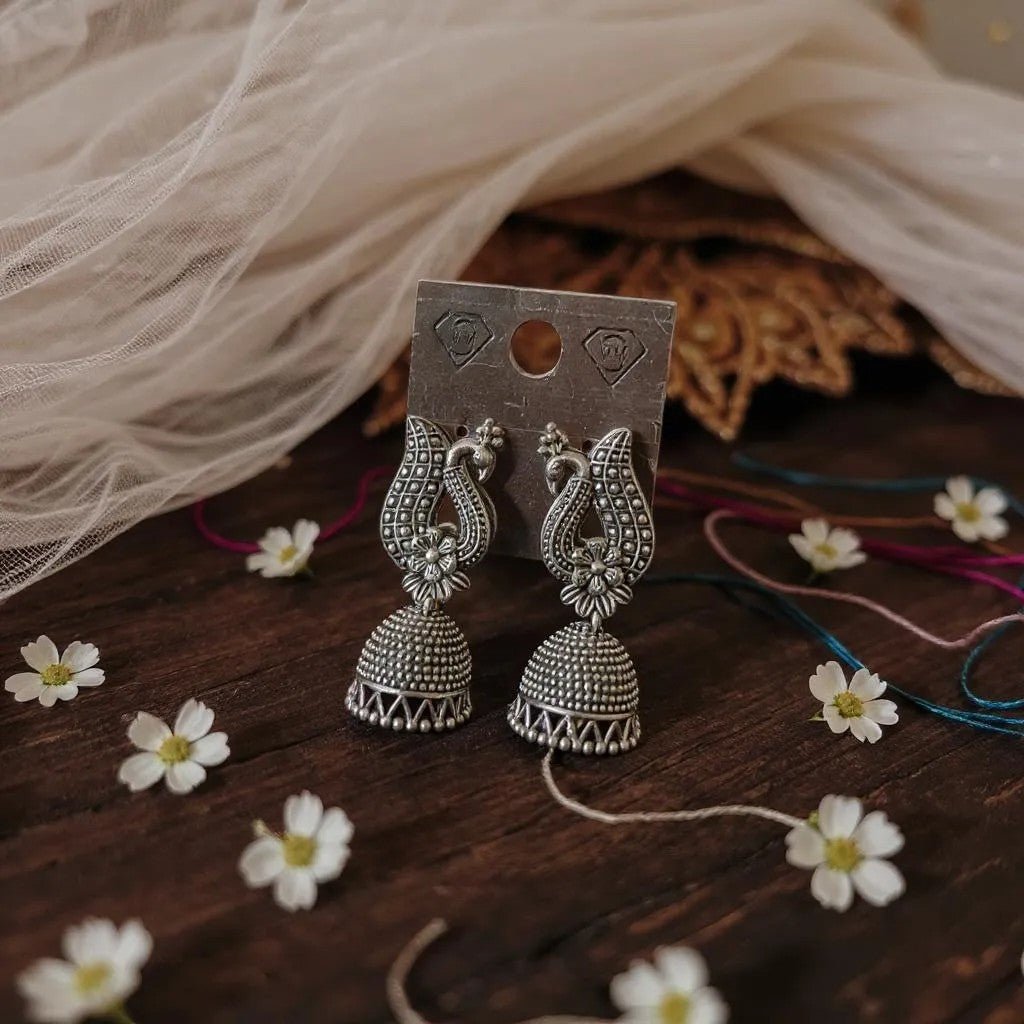 Antique Peacock Jhumka Earrings – Oxidised Finish