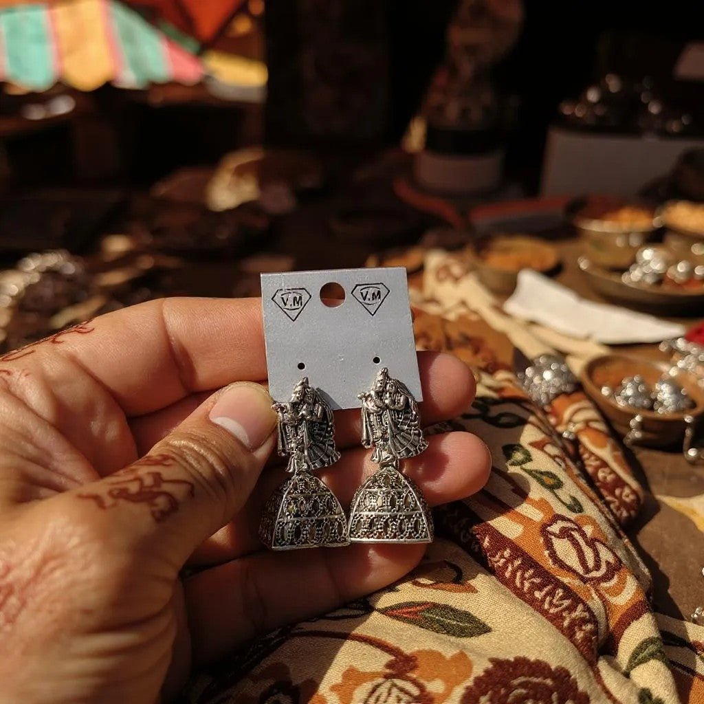 Radha Krishna Oxidised Jhumka Earrings