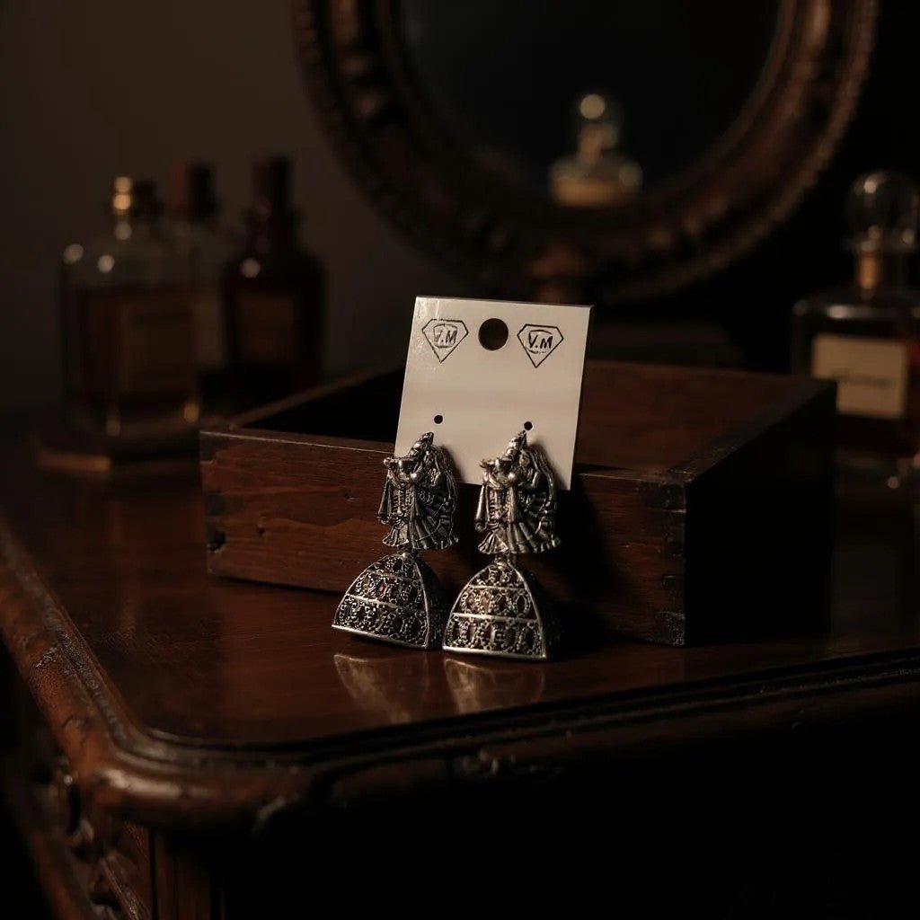 Radha Krishna Oxidised Jhumka Earrings - Image 2