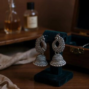 Regal Peacock Motif Oxidised Jhumka Earrings