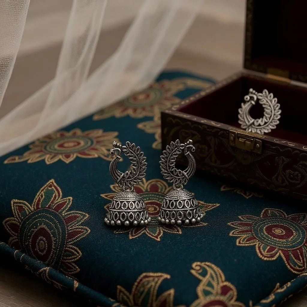 Majestic Peacock Motif Jhumkas - Image 2