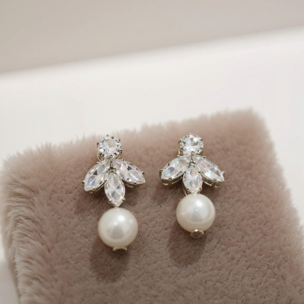 Pearl and Zirconia Cluster Drop Earrings - Image 3