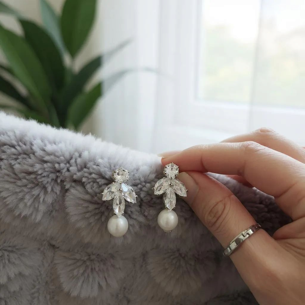 Pearl and Zirconia Cluster Drop Earrings - Image 2