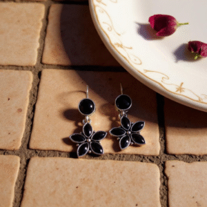 Midnight Blossom" Black Onyx & Brass Handcrafted Drop Earrings