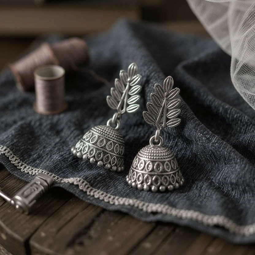 Oxidized Silver Leaf Stud Jhumka Earrings - Image 2
