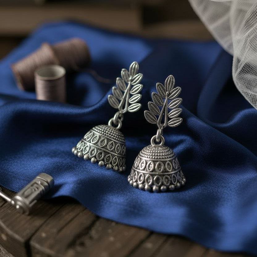 Oxidized Silver Leaf Stud Jhumka Earrings