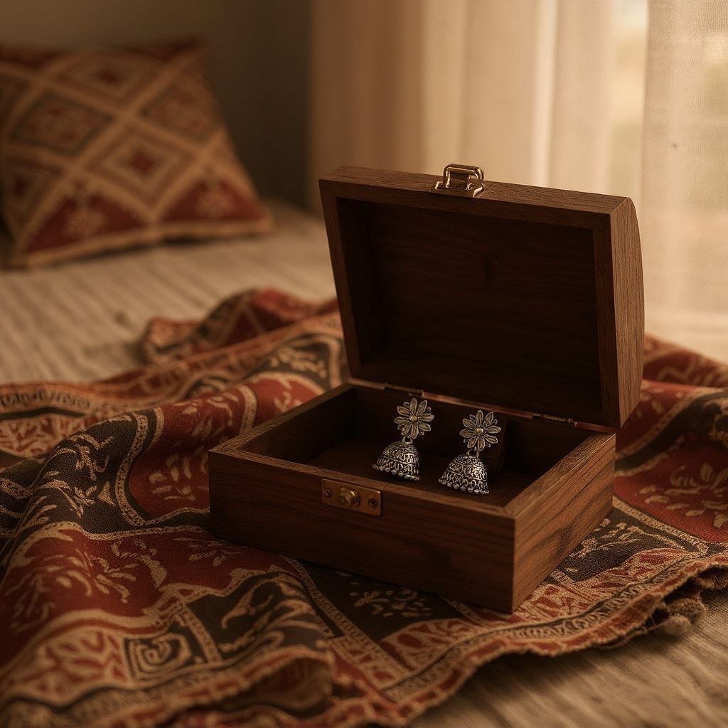 Floral Stud Oxidized Silver Jhumka Earrings - Image 2