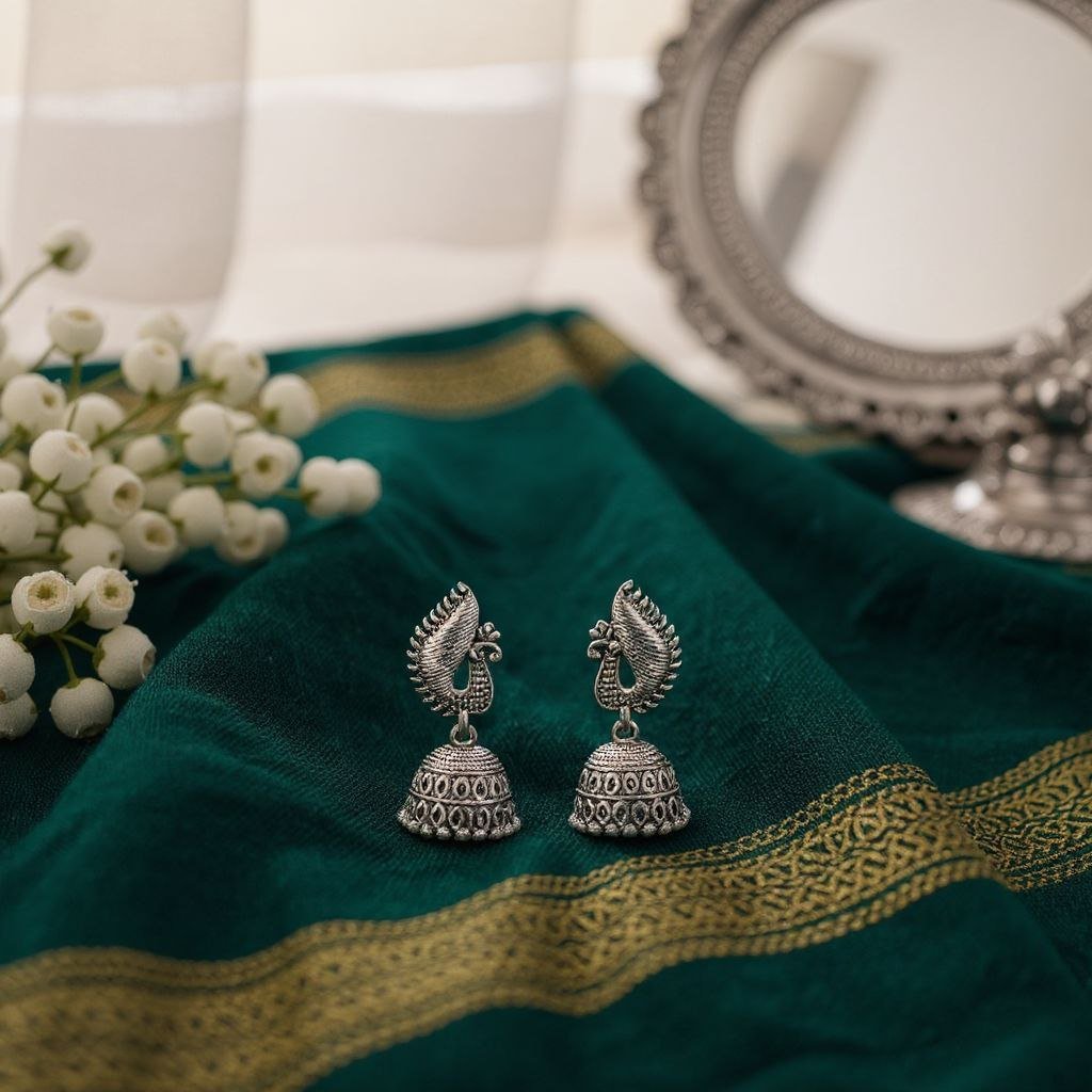 Oxidized Silver Peacock Jhumka Earrings - Image 2