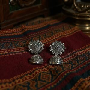 Antique Oxidized Silver Filigree Drop Earrings with Ethnic Dome