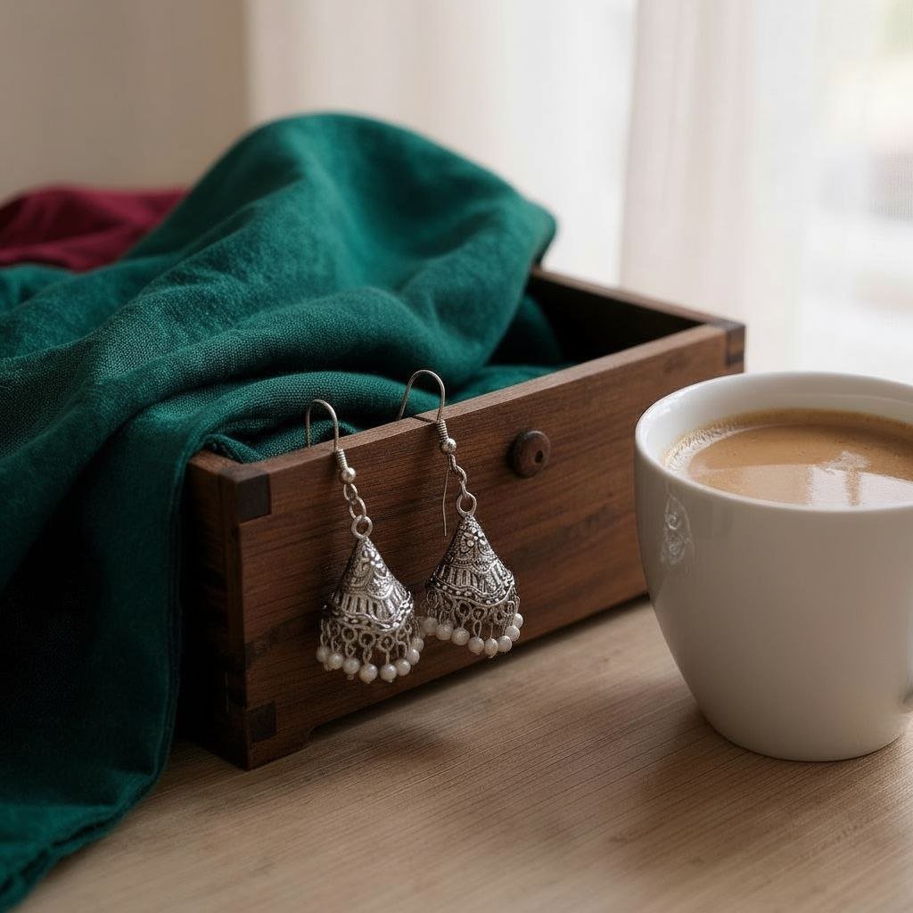 Traditional Oxidized Silver Jhumka Earrings with Pearl Drops - Image 2