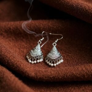 Traditional Oxidized Silver Jhumka Earrings with Pearl Drops