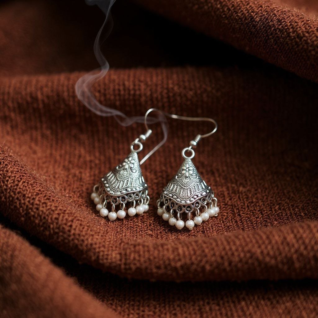 Traditional Oxidized Silver Jhumka Earrings with Pearl Drops
