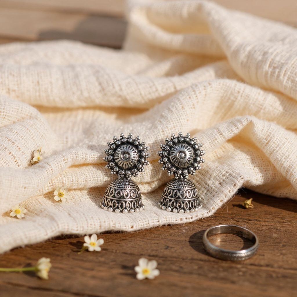 Handcrafted Oxidized Silver Sunburst Jhumka Earrings | Ethnic Floral Stud