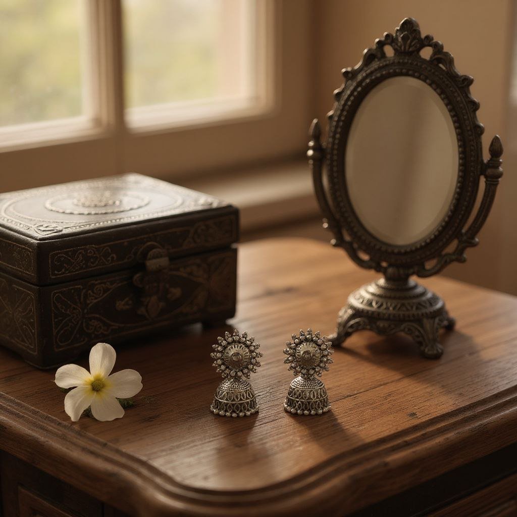 Handcrafted Oxidized Silver Sunburst Jhumka Earrings | Ethnic Floral Stud - Image 2