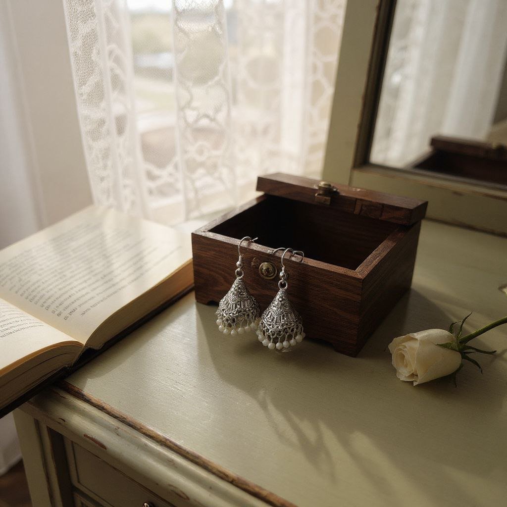 Traditional Oxidized Silver Jhumka Earrings with Pearl Drops - Image 3