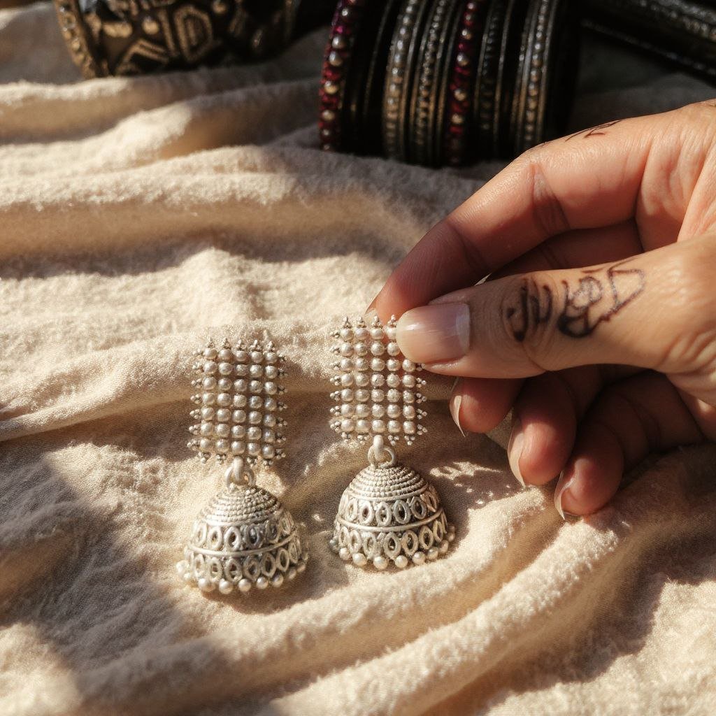 Geometric Beaded Stud Oxidized Silver Jhumka Earrings