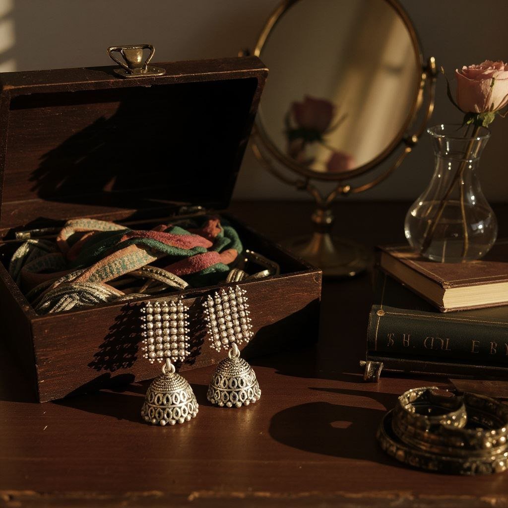 Geometric Beaded Stud Oxidized Silver Jhumka Earrings - Image 2