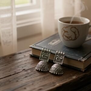 Artisan Crafted Oxidized Jhumkas with Intricate Detailing