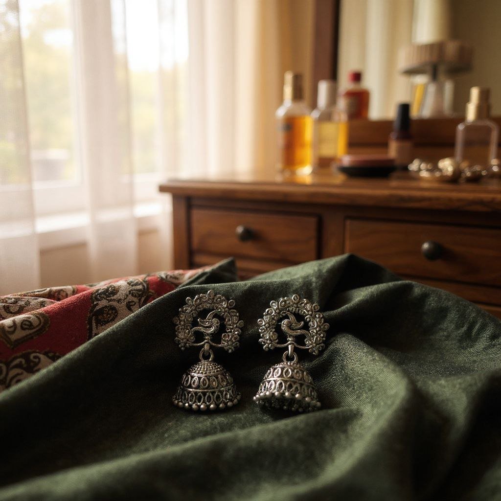 Handcrafted Peacock Jhumkas - Statement Oxidized Silver Dangles - Image 3