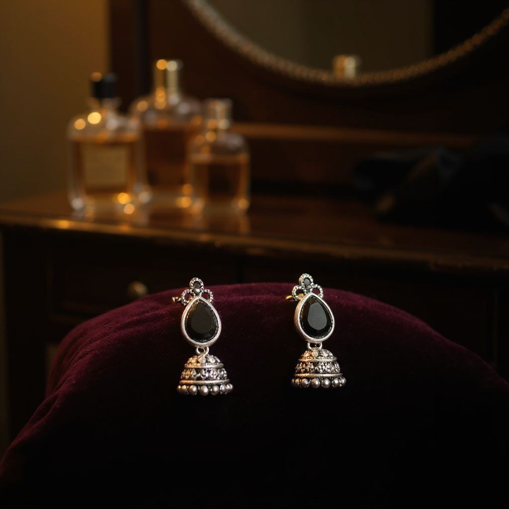 Oxidized Jhumkas with Black Stone Teardrop