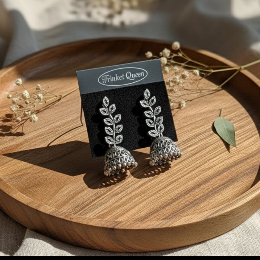 Antique Oxidized Laurel Leaf Jhumka Earrings - Image 3