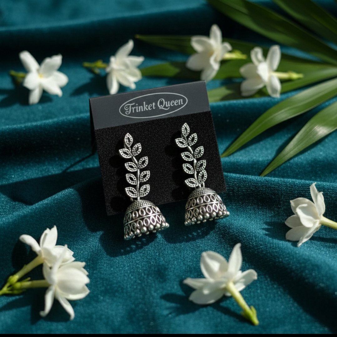 Antique Oxidized Laurel Leaf Jhumka Earrings - Image 6