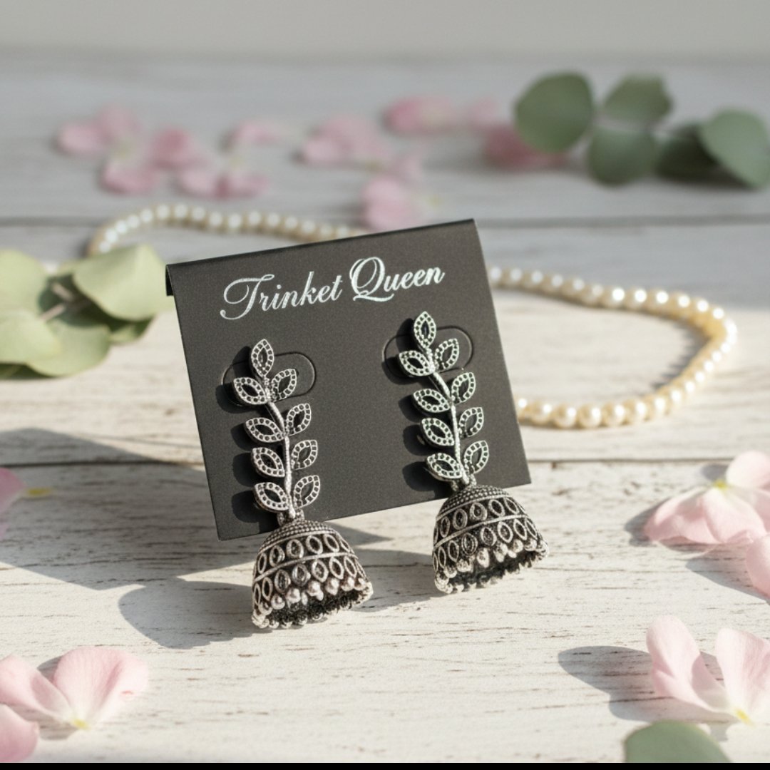 Antique Oxidized Laurel Leaf Jhumka Earrings