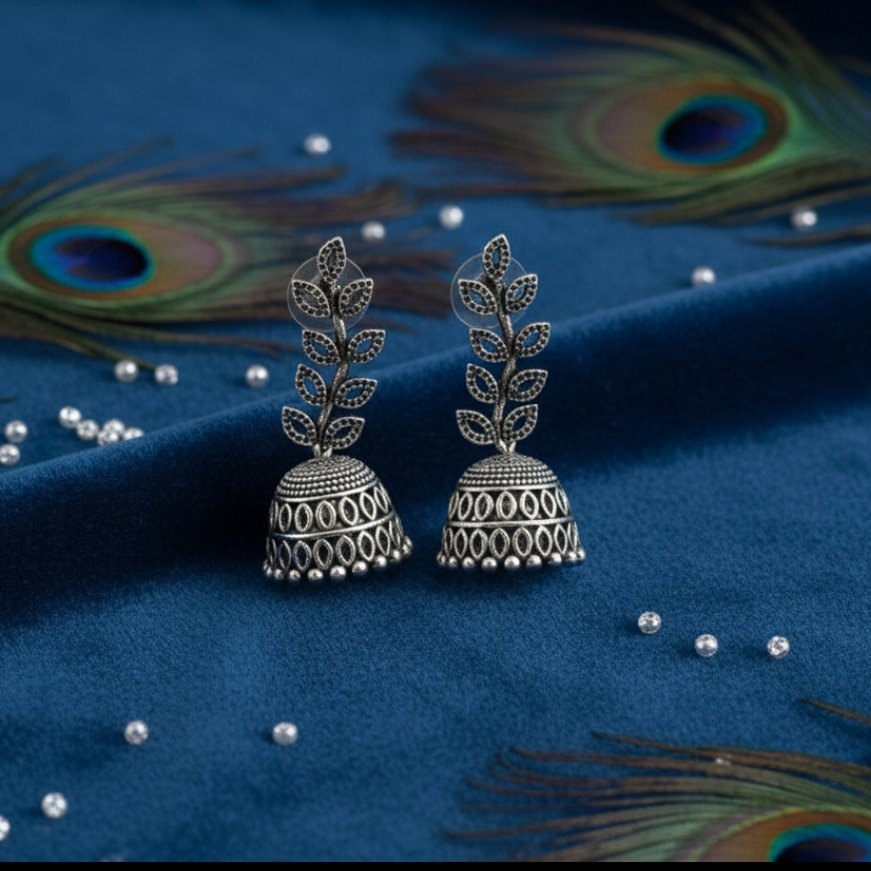 Antique Oxidized Laurel Leaf Jhumka Earrings - Image 2
