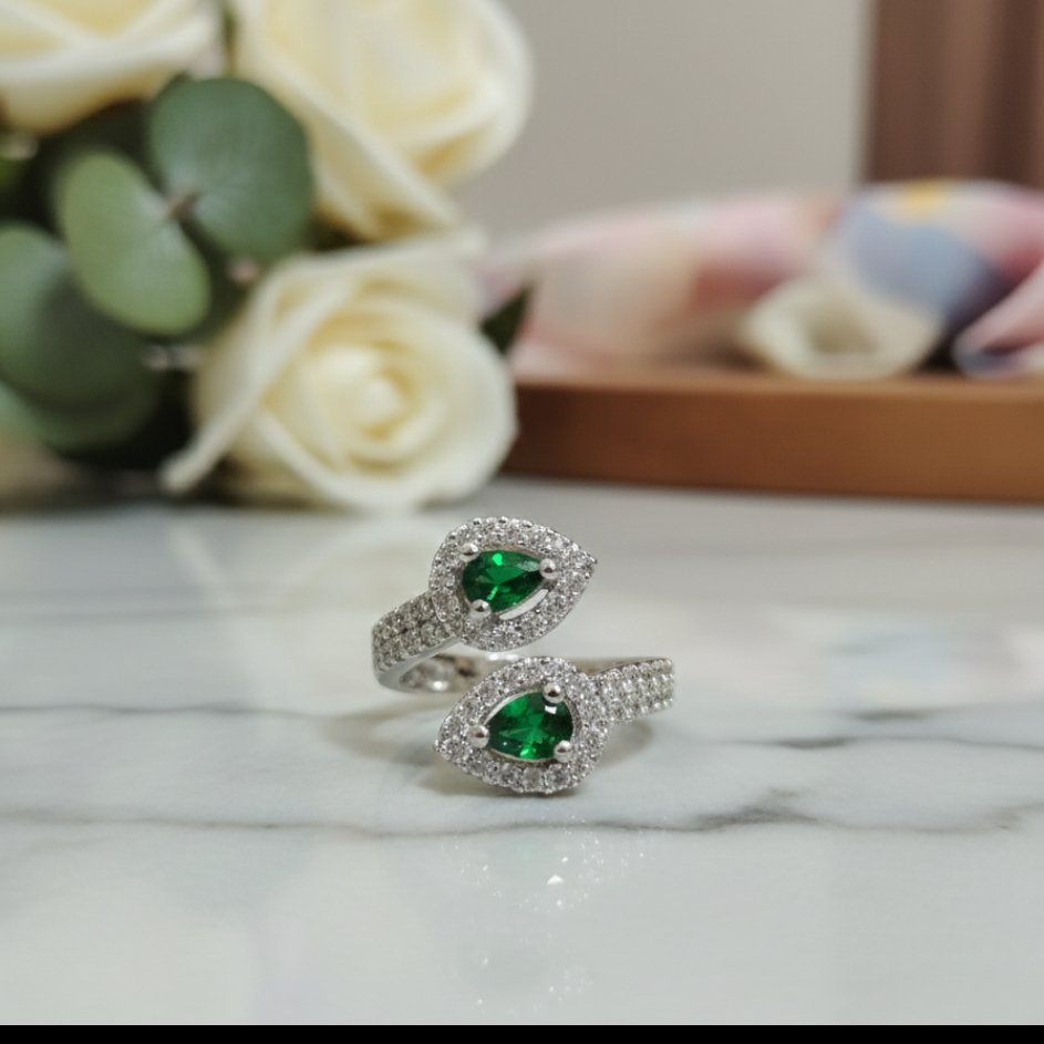 Emerald Green Pear Cut Bypass Ring - Image 2