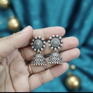 Women's Oxidized Silver Floral Jhumka Earrings