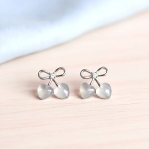 Dainty Silver like Bow & Heart-Stone Cherry Stud Earrings