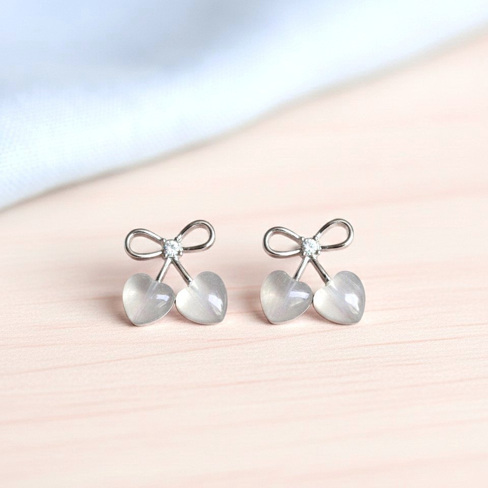 Dainty Silver like Bow & Heart-Stone Cherry Stud Earrings