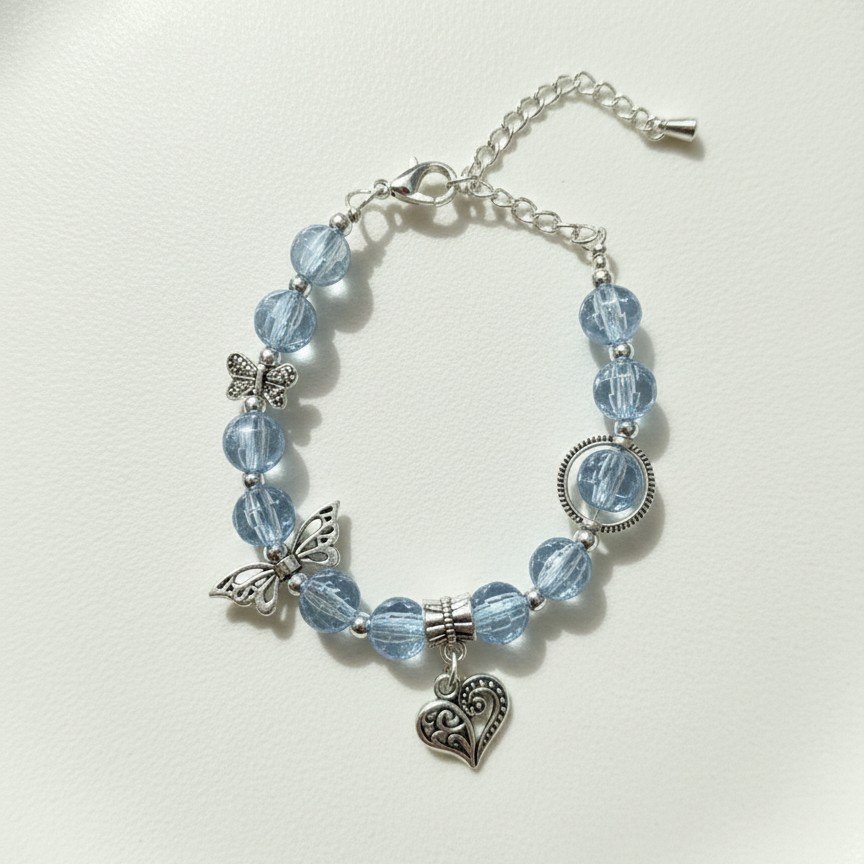 Blue Glass Bead & Silver Charm Bracelet