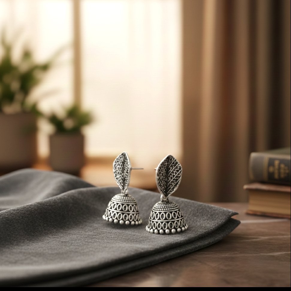 Oxidized Leaf Jhumkas - Image 3