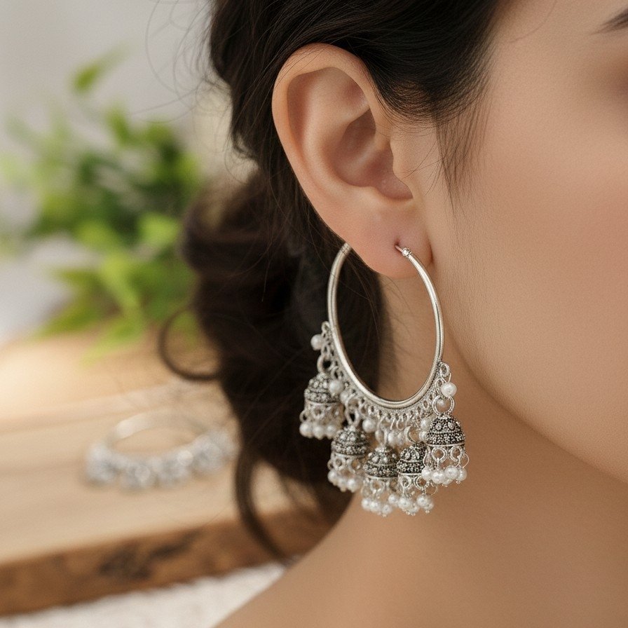 Hoop Jhumka Earrings with Pearl Accents - Image 3