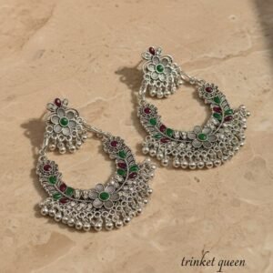 Oxidized Silver Chandbali Earrings with Red and Green Accents