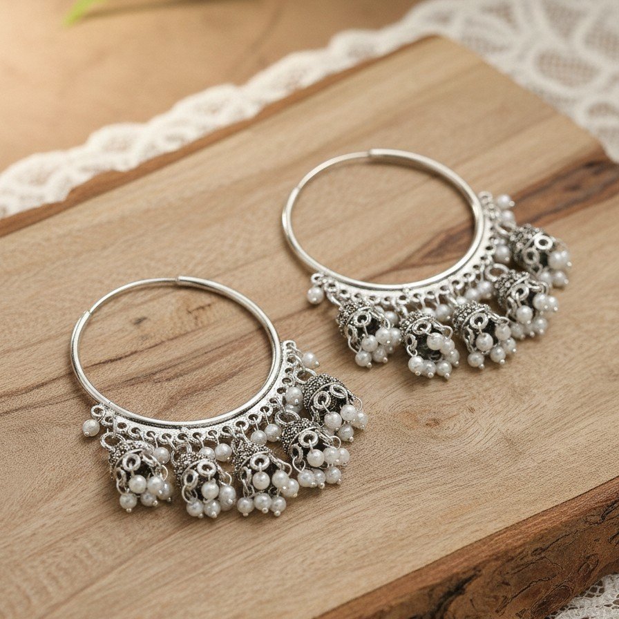 Hoop Jhumka Earrings with Pearl Accents - Image 2