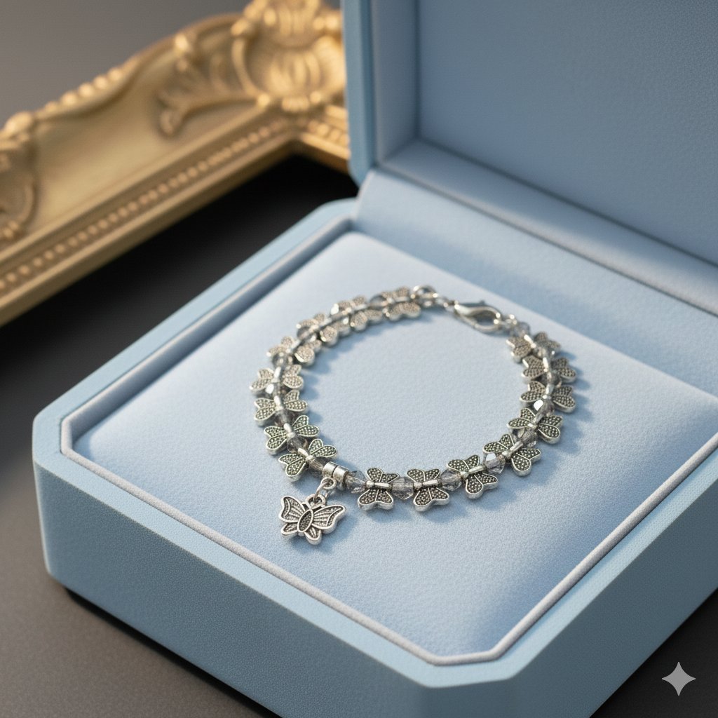 Antique Silver Butterfly Motif Charm Bracelet - Image 3